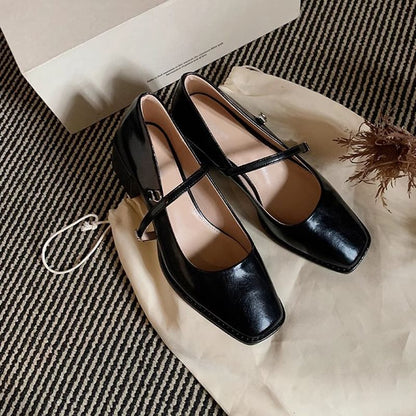 Toe Chunky Heel Mary Square Jane Shoes
