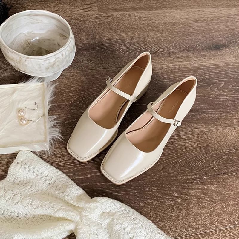 Toe Chunky Heel Mary Square Jane Shoes