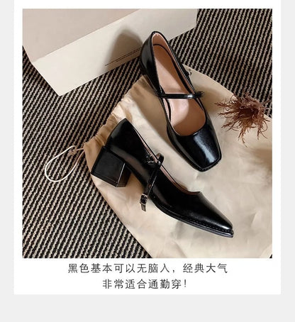 Toe Chunky Heel Mary Square Jane Shoes