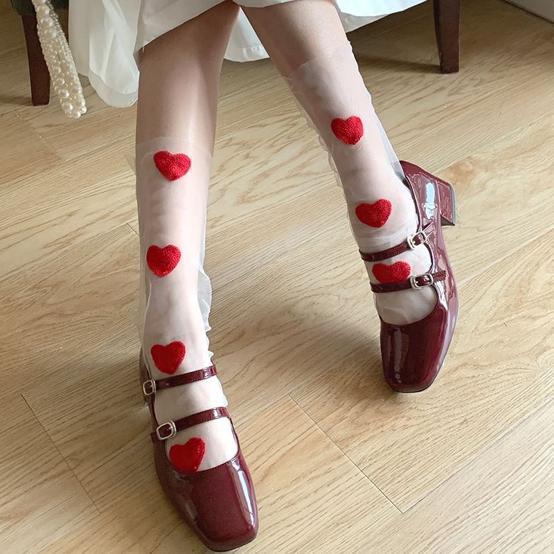 Heart Embroidered Sheer Socks