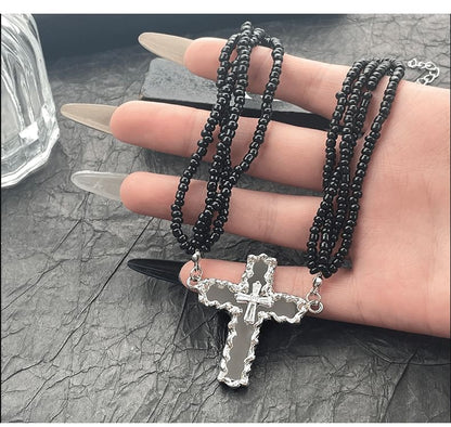 Rhinestone Cross Beaded Layered Necklace