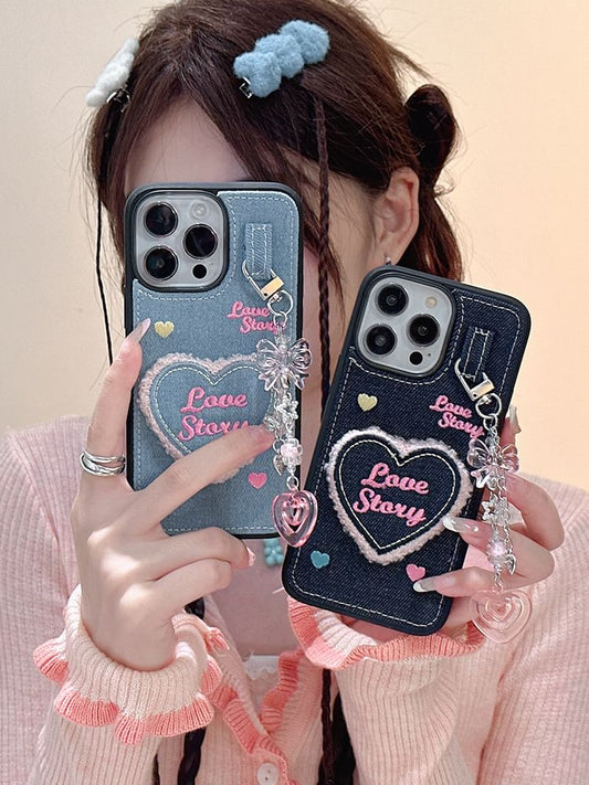 Heart Embroidered Denim Phone Case