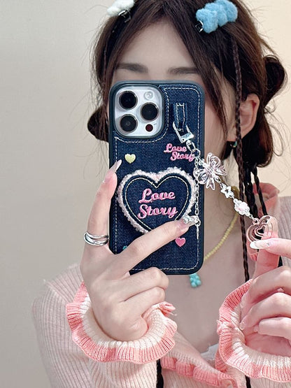 Heart Embroidered Denim Phone Case