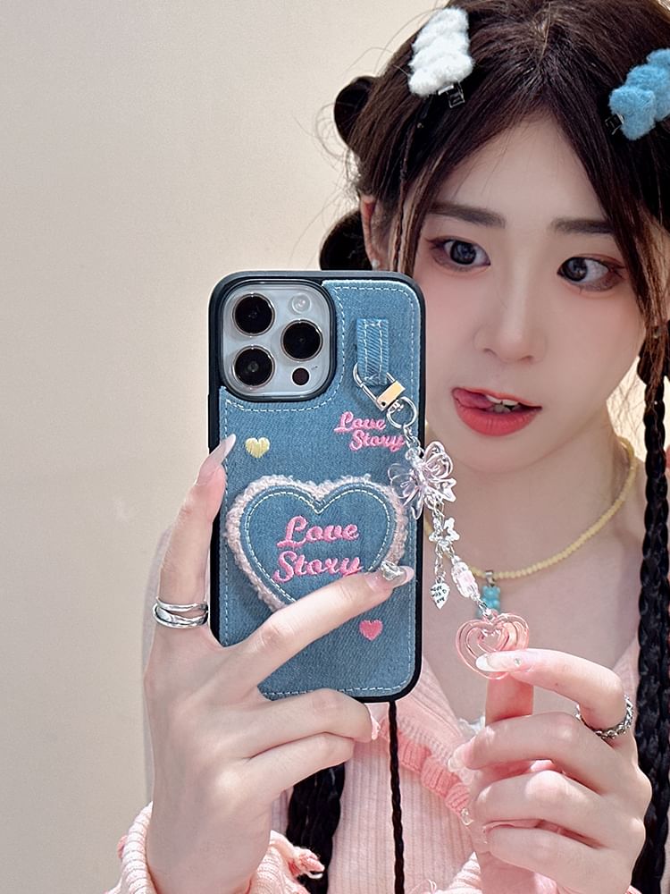 Heart Embroidered Denim Phone Case