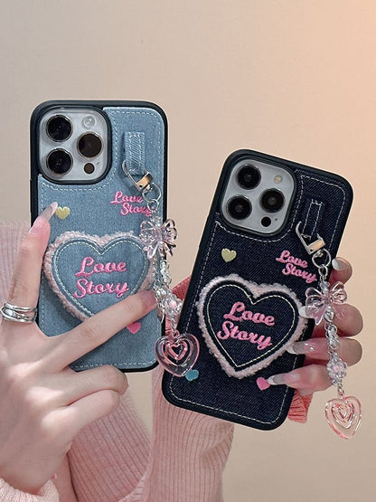 Heart Embroidered Denim Phone Case