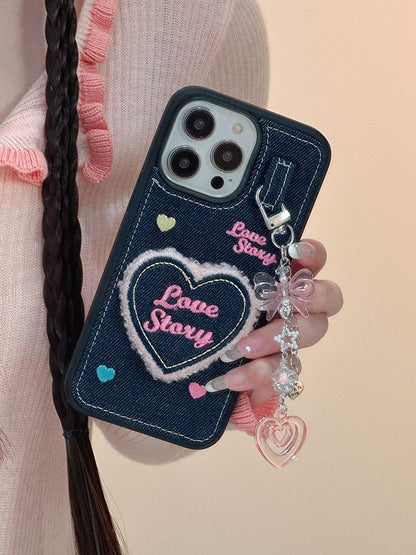 Heart Embroidered Denim Phone Case