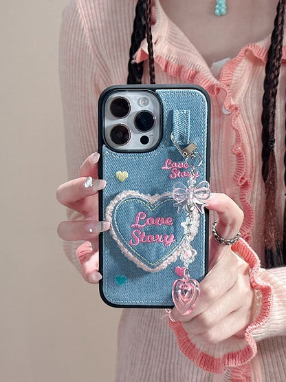 Heart Embroidered Denim Phone Case