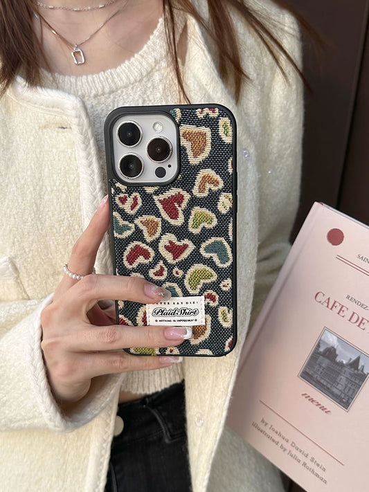 Heart Embroidered Denim Phone Case