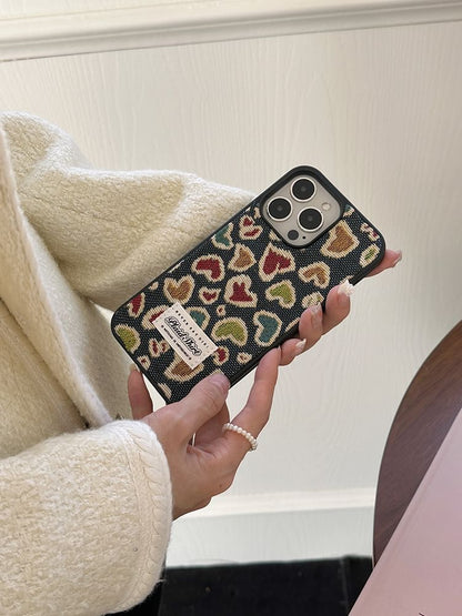 Heart Embroidered Denim Phone Case