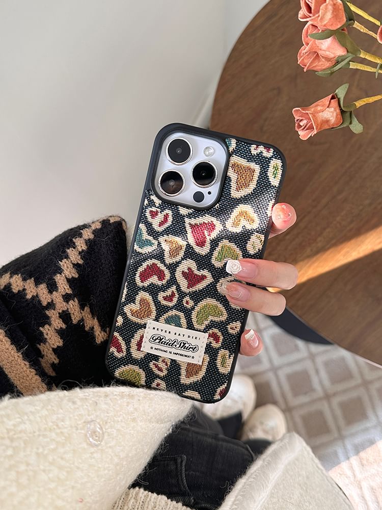 Heart Embroidered Denim Phone Case