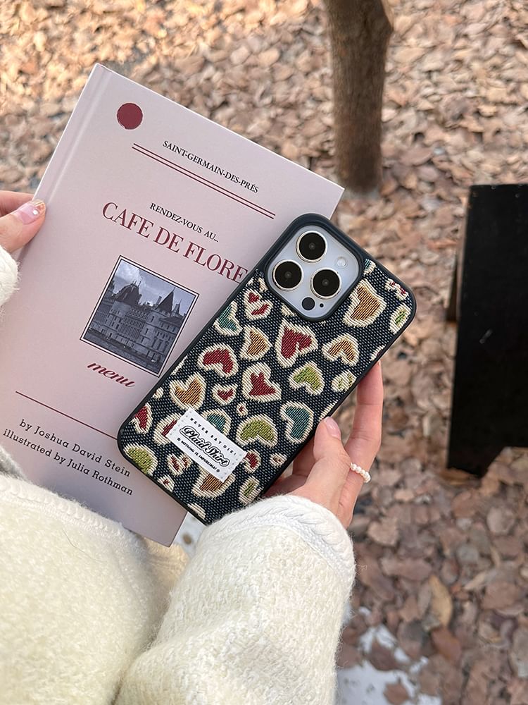 Heart Embroidered Denim Phone Case