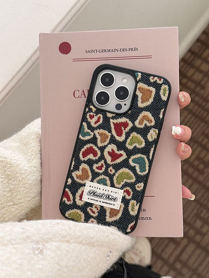 Heart Embroidered Denim Phone Case
