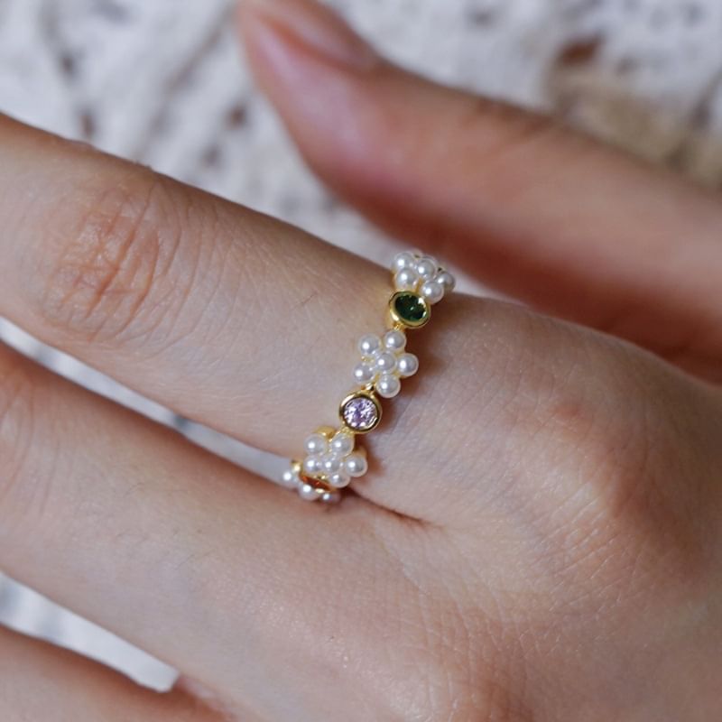 Bague ouverte en alliage avec strass et fausses perles