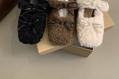 Toe Fleece Bow Mary Jane Square Hidden Wedge Shoes
