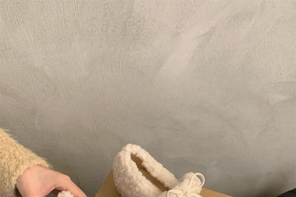 Toe Fleece Bow Mary Jane Square Hidden Wedge Shoes