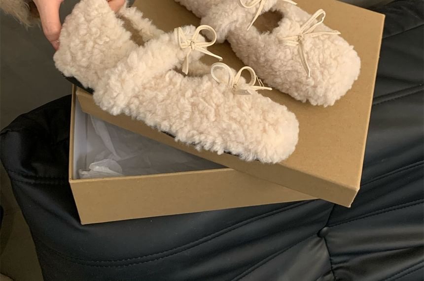 Toe Fleece Bow Mary Jane Square Hidden Wedge Shoes