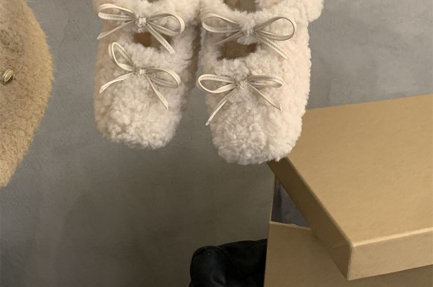 Toe Fleece Bow Mary Jane Square Hidden Wedge Shoes