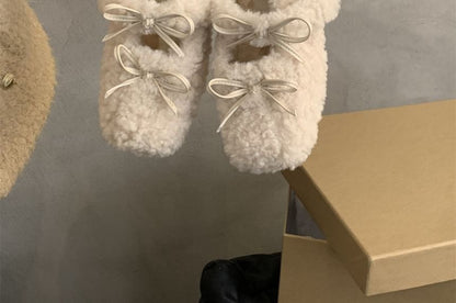 Toe Fleece Bow Mary Jane Square Hidden Wedge Shoes