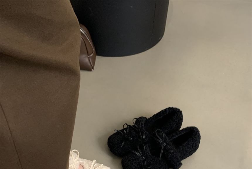 Toe Fleece Bow Mary Jane Square Hidden Wedge Shoes