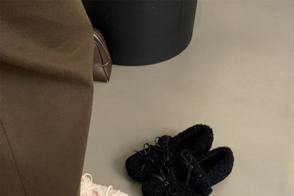 Toe Fleece Bow Mary Jane Square Hidden Wedge Shoes