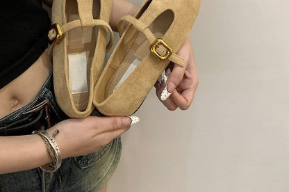 Faux Toe Suede Square Flats T-Strap