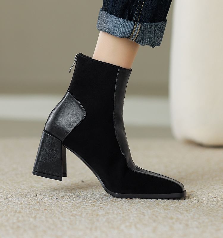Square Faux Panel Block Toe Heel Boots Suede Short