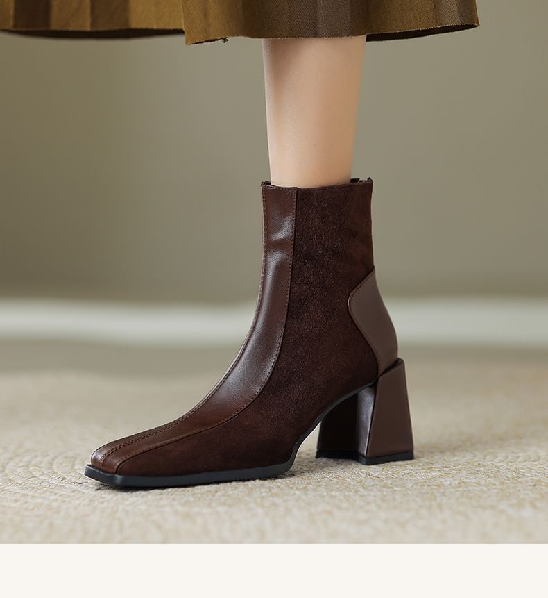Square Faux Panel Block Toe Heel Boots Suede Short