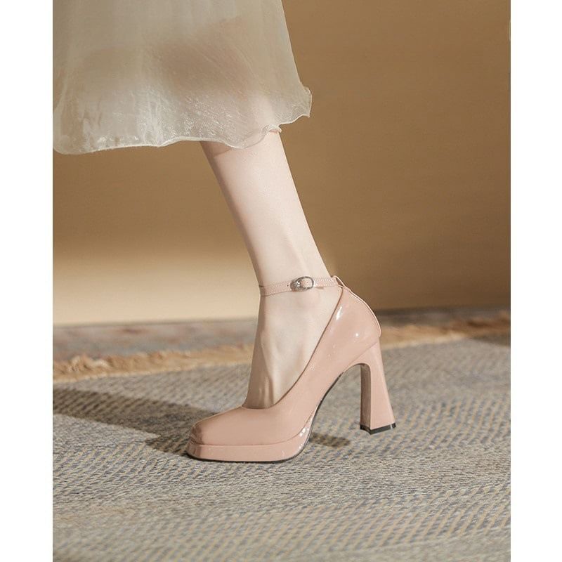 Patent Pumps Strap Platform Toe Square Ankle Leather