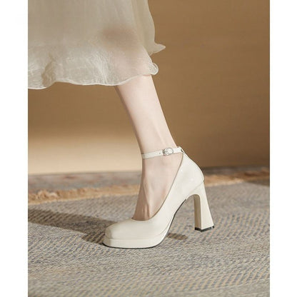 Patent Pumps Strap Platform Toe Square Ankle Leather