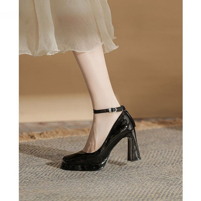 Patent Pumps Strap Platform Toe Square Ankle Leather
