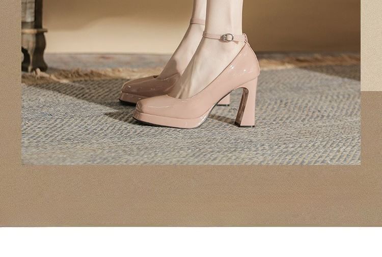 Patent Pumps Strap Platform Toe Square Ankle Leather
