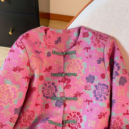Veste courte à col ras du cou et imprimé floral avec boutons noués