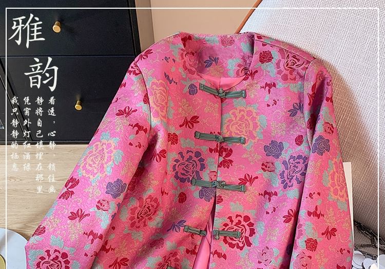 Veste courte à col ras du cou et imprimé floral avec boutons noués