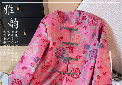 Veste courte à col ras du cou et imprimé floral avec boutons noués