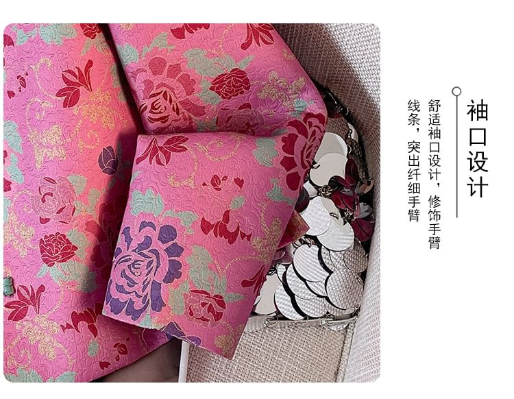 Veste courte à col ras du cou et imprimé floral avec boutons noués