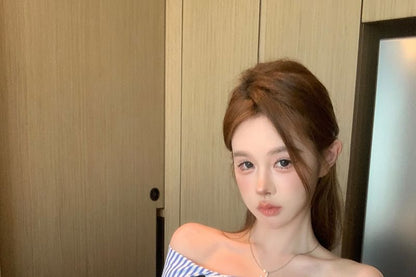 Blouse Off-Shoulder Flared-Sleeve Lace-Up Cropped Striped