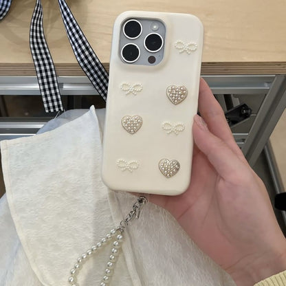 Faux Pearl Heart Bow Phone Case / Strap / Set