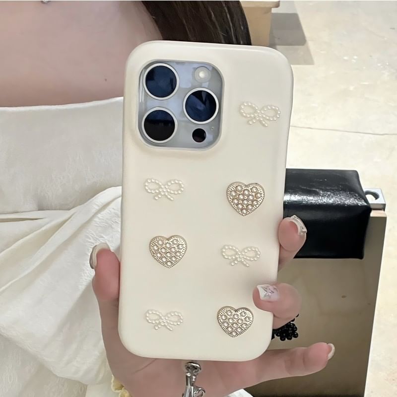 Faux Pearl Heart Bow Phone Case / Strap / Set