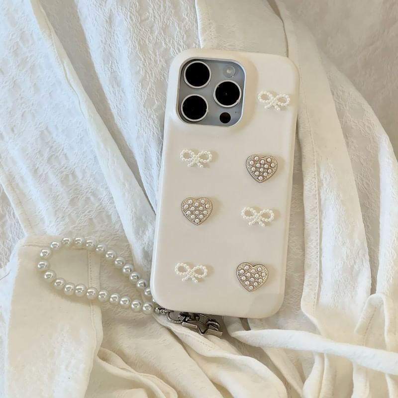 Faux Pearl Heart Bow Phone Case / Strap / Set