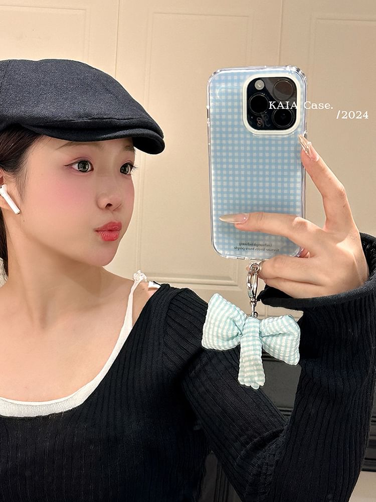 Set Phone Case Plaid Bow Charm /