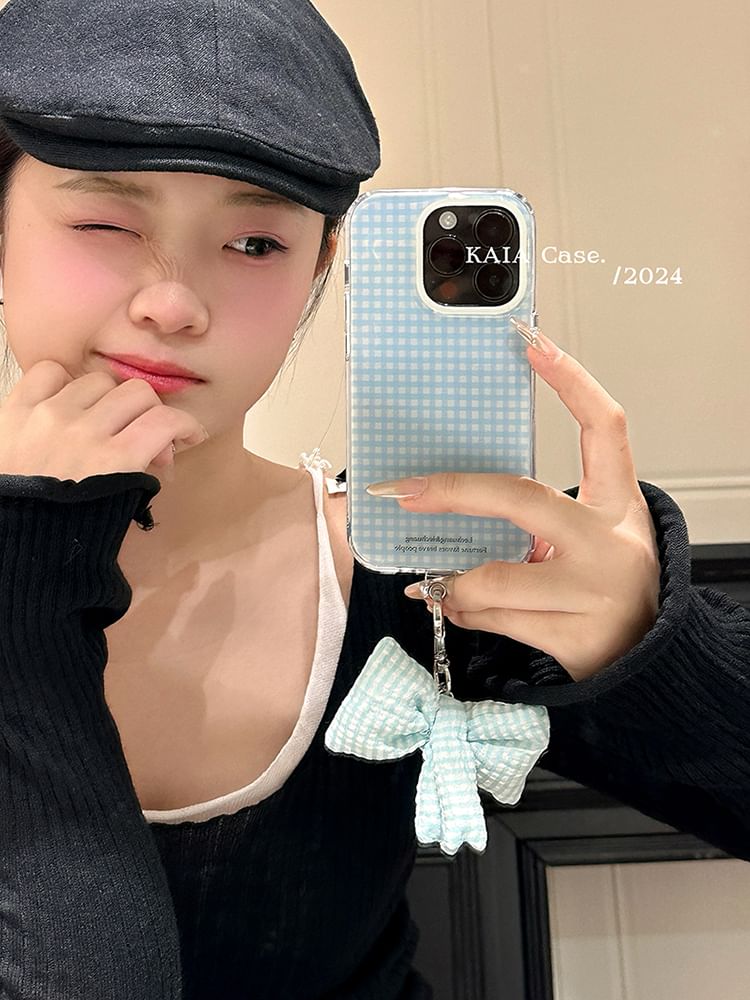 Set Phone Case Plaid Bow Charm /