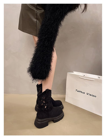 Platform Embroidered Cutout Short Boots