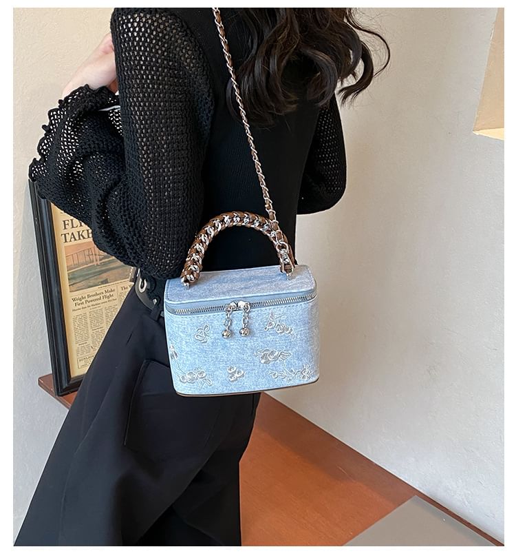 Floral Embroidered Top Handle Box Crossbody Bag