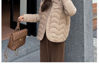 Collar Plain Wavy Button Puffer Jacket