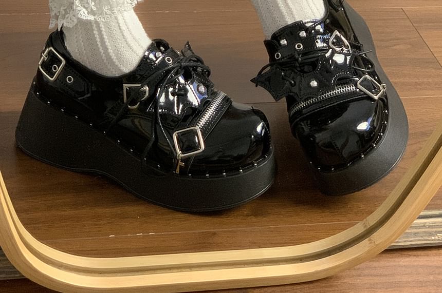 Platform Buckled Zipped Lace-Up Patent Leather Shoes