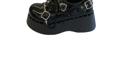 Platform Buckled Zipped Lace-Up Patent Leather Shoes