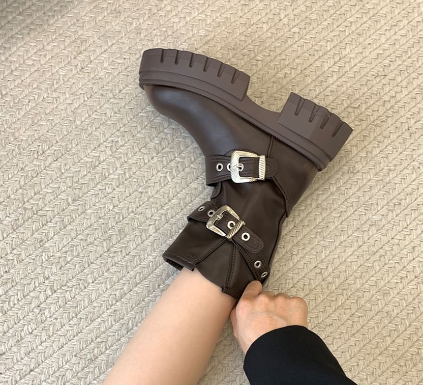 Platform Plain Grommet Buckled Faux Leather Short Boots