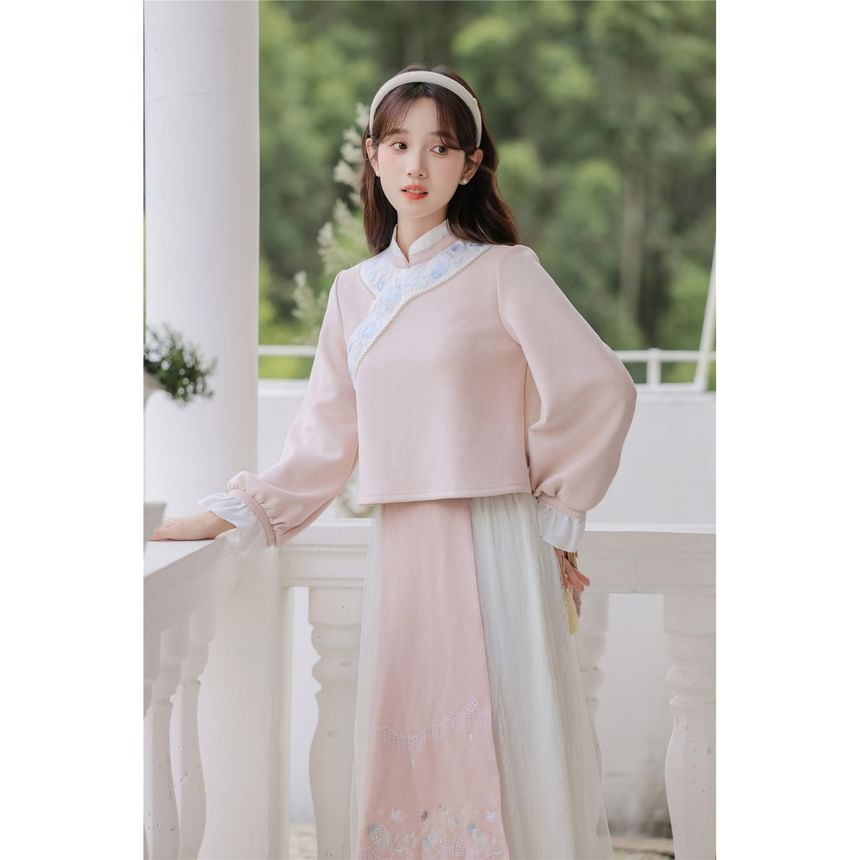 Set: Long-Sleeve Embroidered Flower Hanfu Top + Mid Rise Plain Lace Midi A-Line Skirt