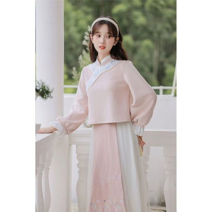 Set: Long-Sleeve Embroidered Flower Hanfu Top + Mid Rise Plain Lace Midi A-Line Skirt