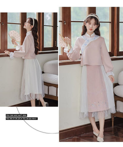 Set: Long-Sleeve Embroidered Flower Hanfu Top + Mid Rise Plain Lace Midi A-Line Skirt